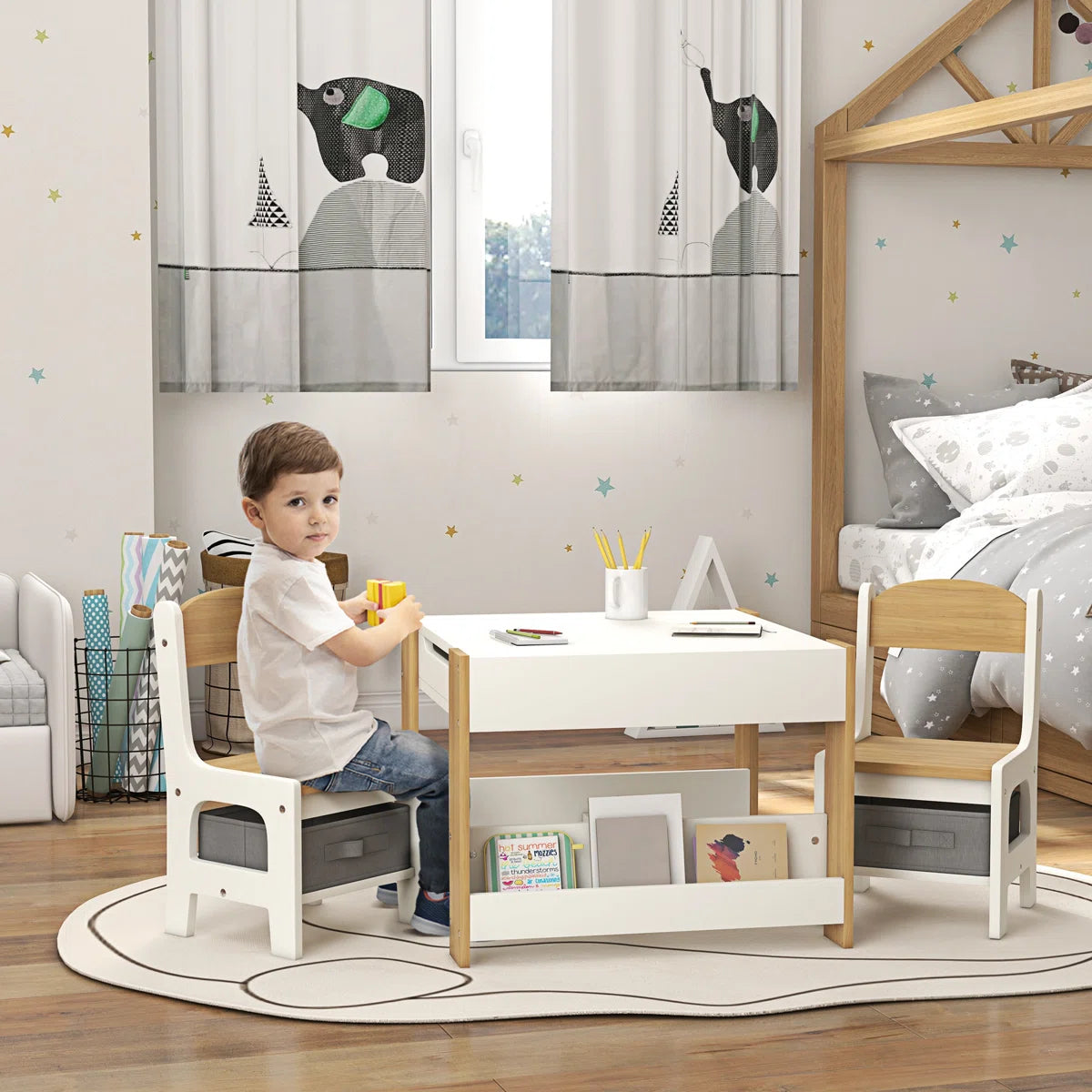 Juego de Mesa y 2 Sillas Infantiles Mesa con Sillas para Niños 2 en 1