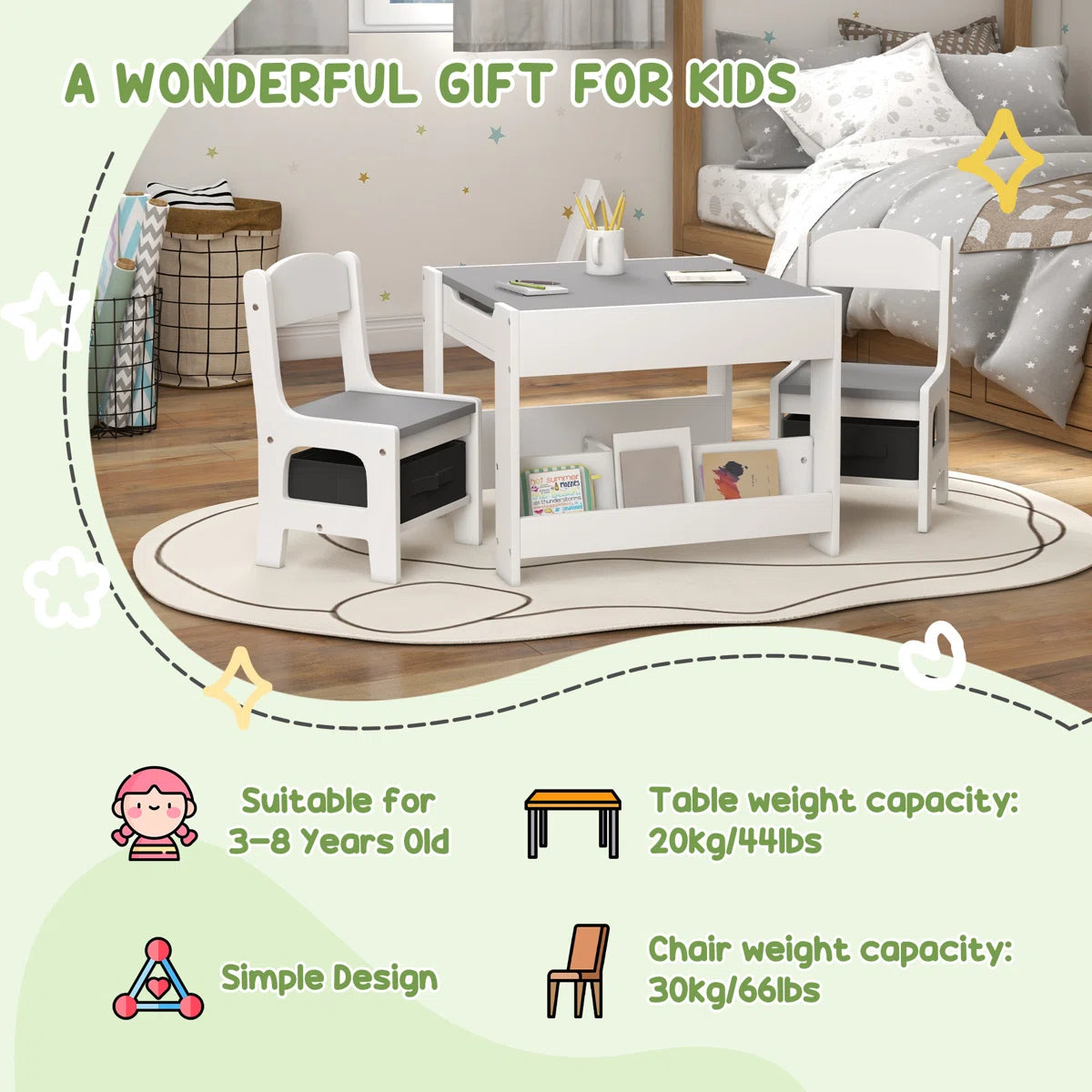 Juego de Mesa y 2 Sillas Infantiles Mesa con Sillas para Niños 2 en 1