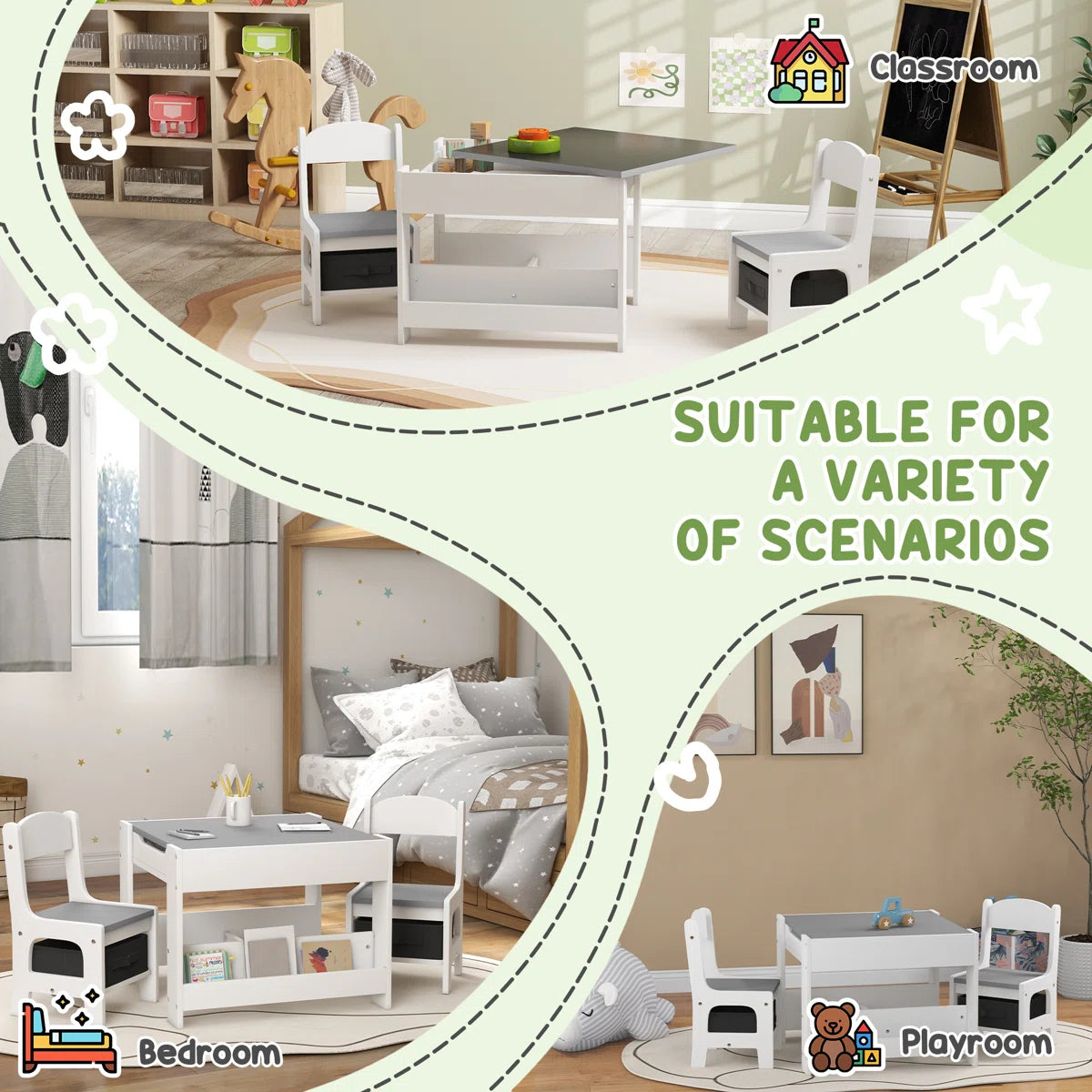 Juego de Mesa y 2 Sillas Infantiles Mesa con Sillas para Niños 2 en 1