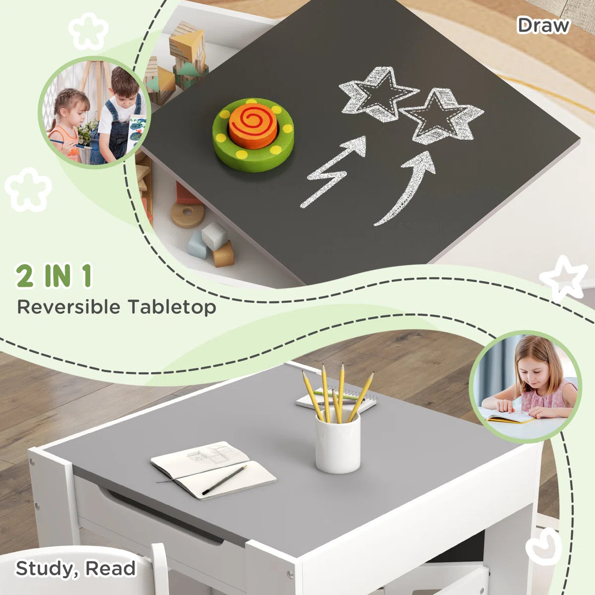 Juego de Mesa y 2 Sillas Infantiles Mesa con Sillas para Niños 2 en 1