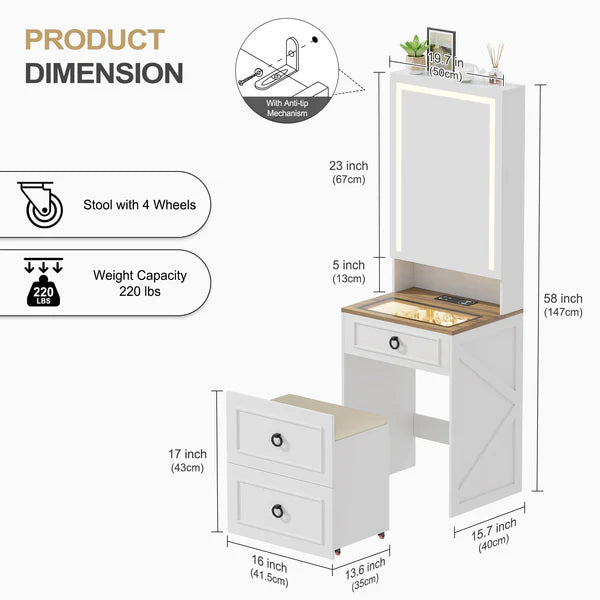 Tocador 3 en 1 con espejo LED y taburete con almacenamiento