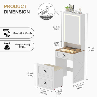 Tocador 3 en 1 con espejo LED y taburete con almacenamiento