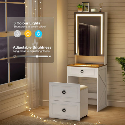 Tocador 3 en 1 con espejo LED y taburete con almacenamiento