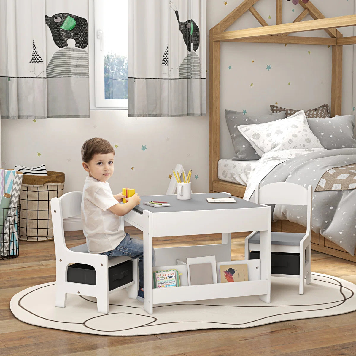 Juego de Mesa y 2 Sillas Infantiles Mesa con Sillas para Niños 2 en 1